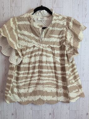 Sea Beige & Cream Eyelet Tie-Dye Ruffle Sleeve Blouse